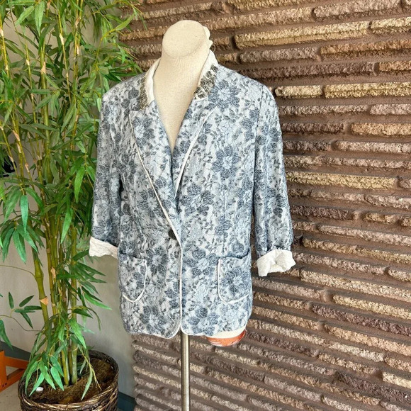 Alberto Makali Blue Floral Lace Beaded Collar Blazer Jacket Size XL - Picture 1 of 8